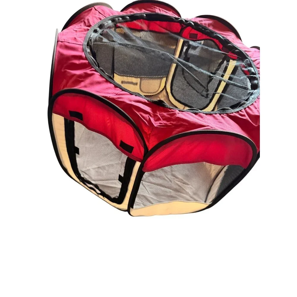 Portable Red Doggie/Cat Dorm Pet Playpen W/ Mesh Sides & Top Zippered Doors 600D